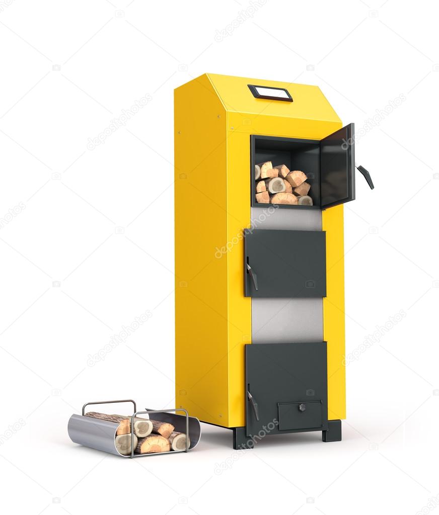 Solid fuel boiler and firewood on Metal Stand isolated on white