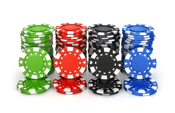 Fichas de póquer de colores, casino, aislamiento sobre un fondo blanco —  Fotos de Stock