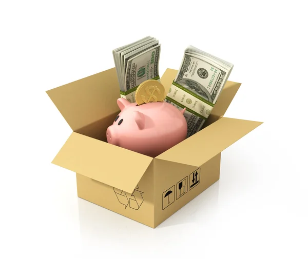 Concepto de movimiento de dinero. Caja de cartón llena de dinero y cerdo . —  Fotos de Stock