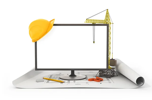 Screen, tower crane, helmet and construction tools on the bluepr — Stock Photo, Image