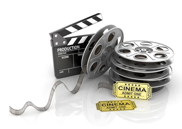 Carretes de película, entradas y tablón de aplausos. Icono de vídeo —  Fotos de Stock