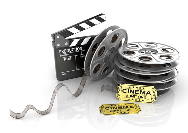 Film Reels, tickets and clapper board. Video icon