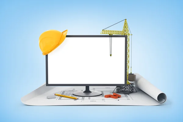 Screen, tower crane, helmet and construction tools on the bluepr — Stock Photo, Image
