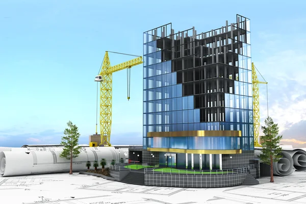 Αφηρημένη 3d του κτιρίου έννοια της ανάπτυξης. Κτίριο γραφείων στο — Φωτογραφία Αρχείου
