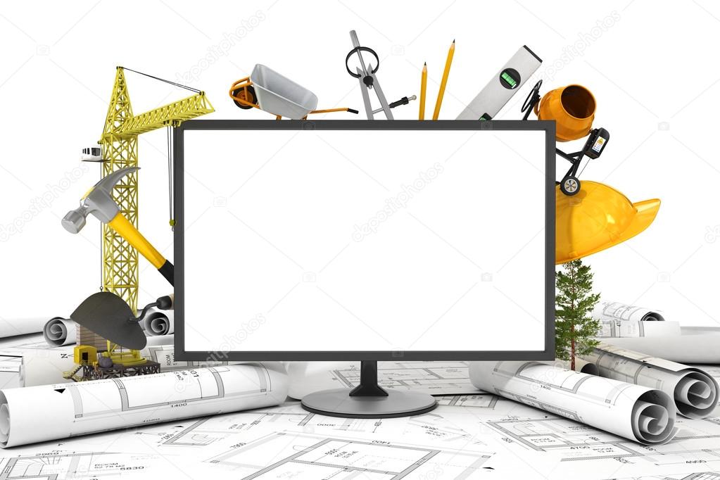 The PC screen with object for construction. Blueprints and safet