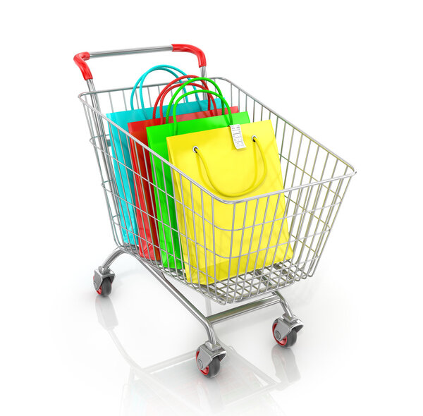 Supermarket trolley with colored paper bag and check on a white 