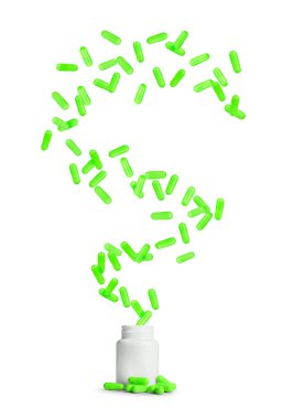 Tıbbi ilaç şişe içine düşen beyaz arka plan üzerinde izole