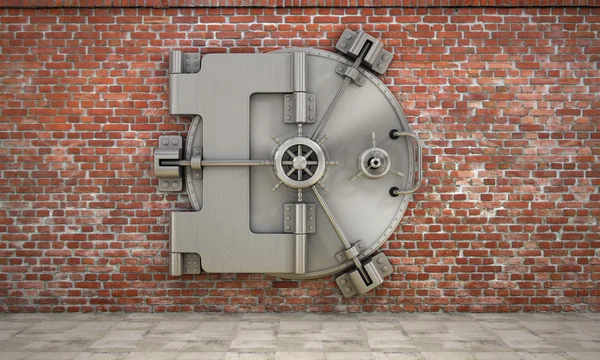 The metallic bank vault door on the brick wall. Concept of safet — Stock Photo, Image