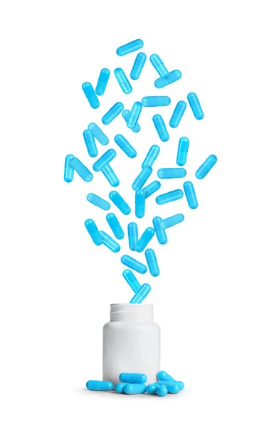 Ιατρική χαπιών που υπάγονται σε μπουκάλι, απομονωμένα σε λευκό — Φωτογραφία Αρχείου