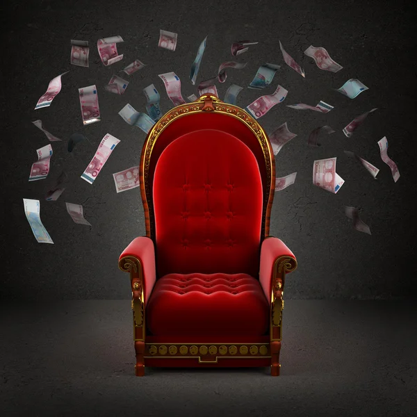 Королевский трон в комнате с падающими банкнотами евро — стоковое фото