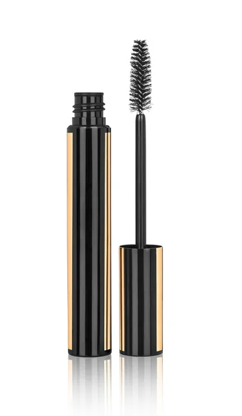 Black and gold mascara with reflection on an isolated white back — Stock Photo, Image