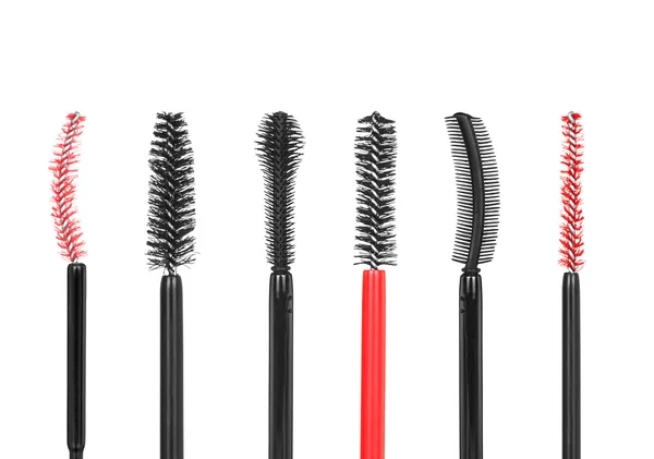 Collection of different types of brushes for mascara on isolated — Stock Photo, Image