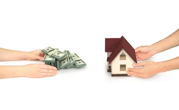 Real astate concept, hand with house and hands with dollars bill — Stock Photo, Image