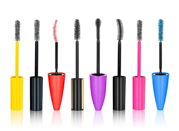 A collection of multicolored brushes for mascara on isolated whi — Stock Photo, Image