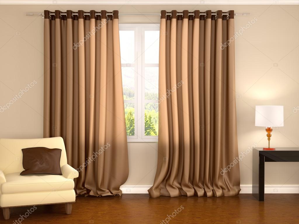 3D illustratie van bruine gordijnen in warme interieur — Stockfoto ... 3D illustratie van bruine gordijnen in warme interieur — Stockfoto ...