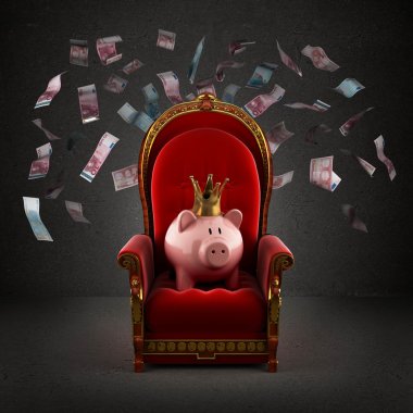Moneybox pig in crown on the royal throne in the room with falli clipart