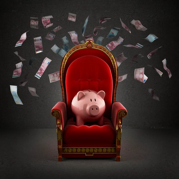 Moneybox pig on the royal throne in the room with falling euro b