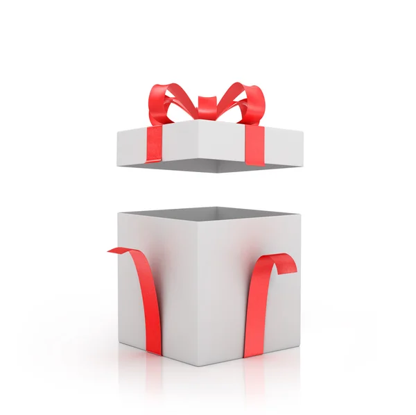 Caixa de presente branca aberta com arco vermelho e fita vermelha . — Fotografia de Stock