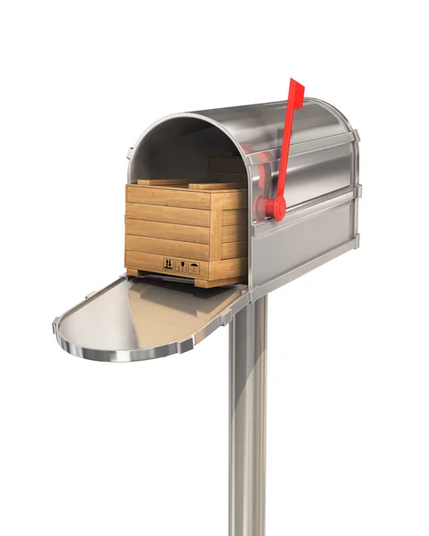 Open Mailbox met houten kist geïsoleerd op witte achtergrond. — Stockfoto
