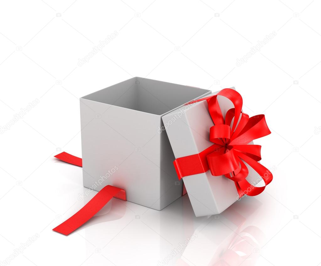 Open white gift-box with red ribbon on a white background.