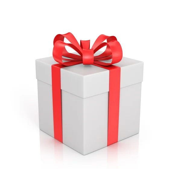 White gift with red ribbon and bow on a white background. — Stock Photo, Image