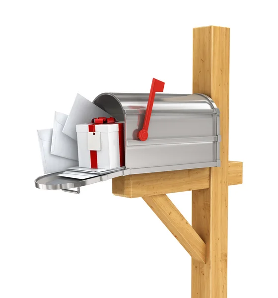 Открыть почтовый ящик с почтой и подарком на белом фоне . — стоковое фото