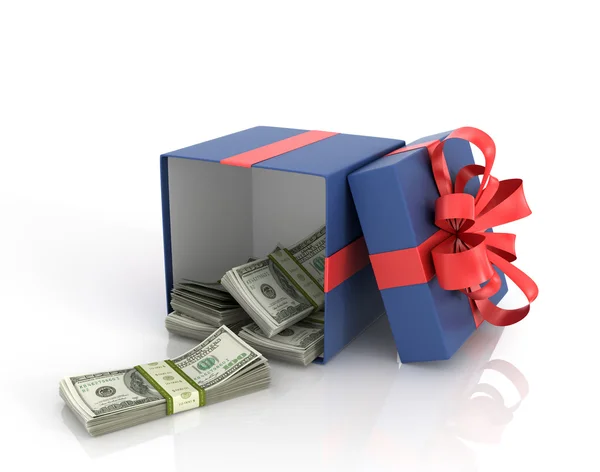 Açık kutu hediye kutusu beyaz bir arka plan üzerinde para ile. — Stok fotoğraf