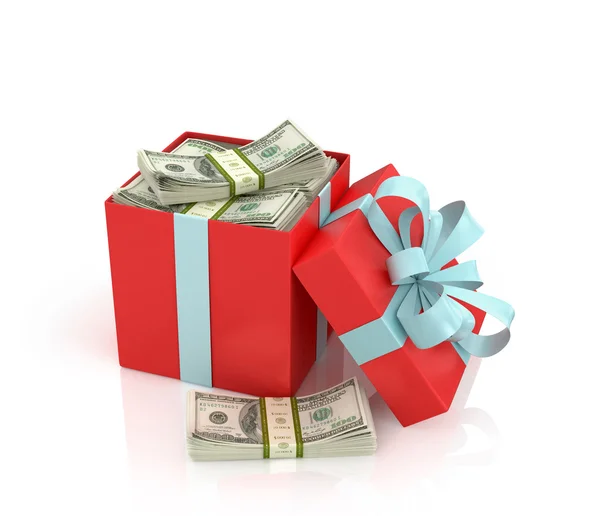 Red gift with bundles of hundred dollar bills with ribbon and bo — Stock Photo, Image