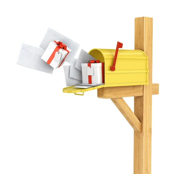 Gelber Briefkasten mit Post und Geschenk auf weißem Rücken geöffnet — Stockfoto