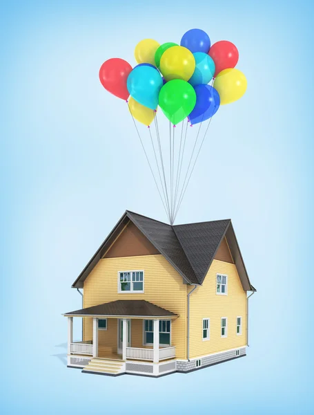 3d render of house flying in the balloons on a blue background. — Stock Photo, Image