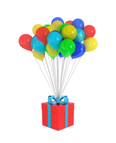 Красная подарочная коробка с бантом и воздушными шарами на белом фоне — стоковое фото