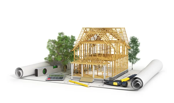 Concept de construction. 3d rendu de la maison dans le processus de construction — Photo