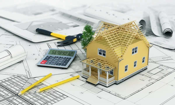 İnşaat ve mimar tasarım kavramı. Evin 3D render