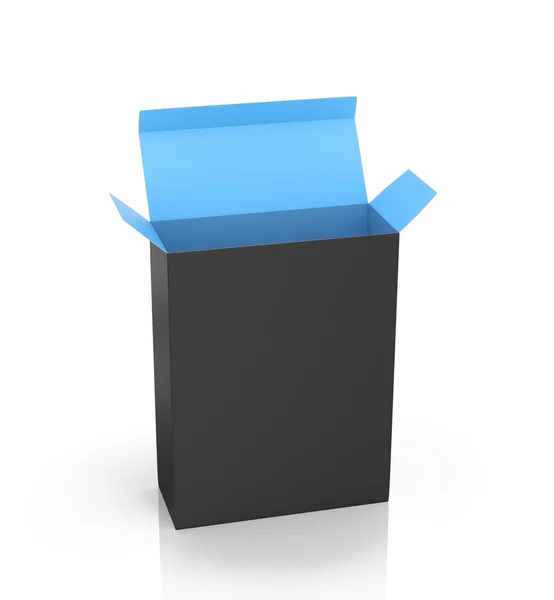 Softwarepaketbox geöffnet schwarz innen blau auf weißem Backgro — Stockfoto