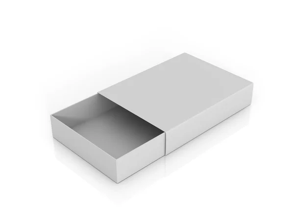 De open witte kartonnen doos onder de wedstrijden op een witte b — Stockfoto