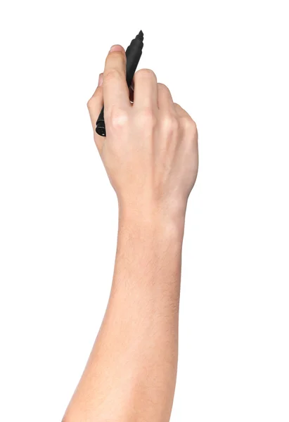 Male hand with black marker drawing isolated on white background — Stock Photo, Image