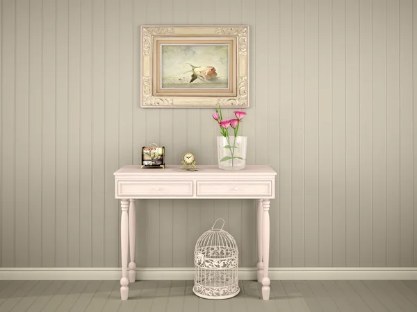 3d ilustración de la mesa decorativa con una imagen en la pared — Foto de Stock