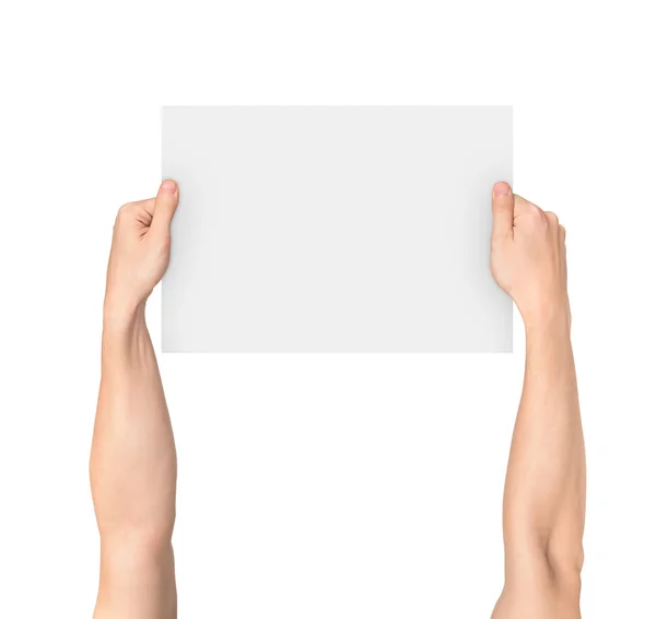 Erkek eller izole beyaz arka plan üzerinde beyaz pano boş — Stok fotoğraf