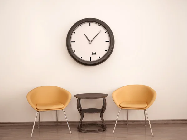 3d illustration of Waiting room. Two chairs, table and clock — Stock Photo, Image