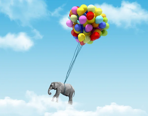 An elephant being lifted by balloons — Stock Photo, Image