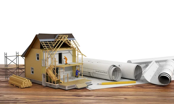 Concept of construction. 3d render of house in building process — Stock Photo, Image