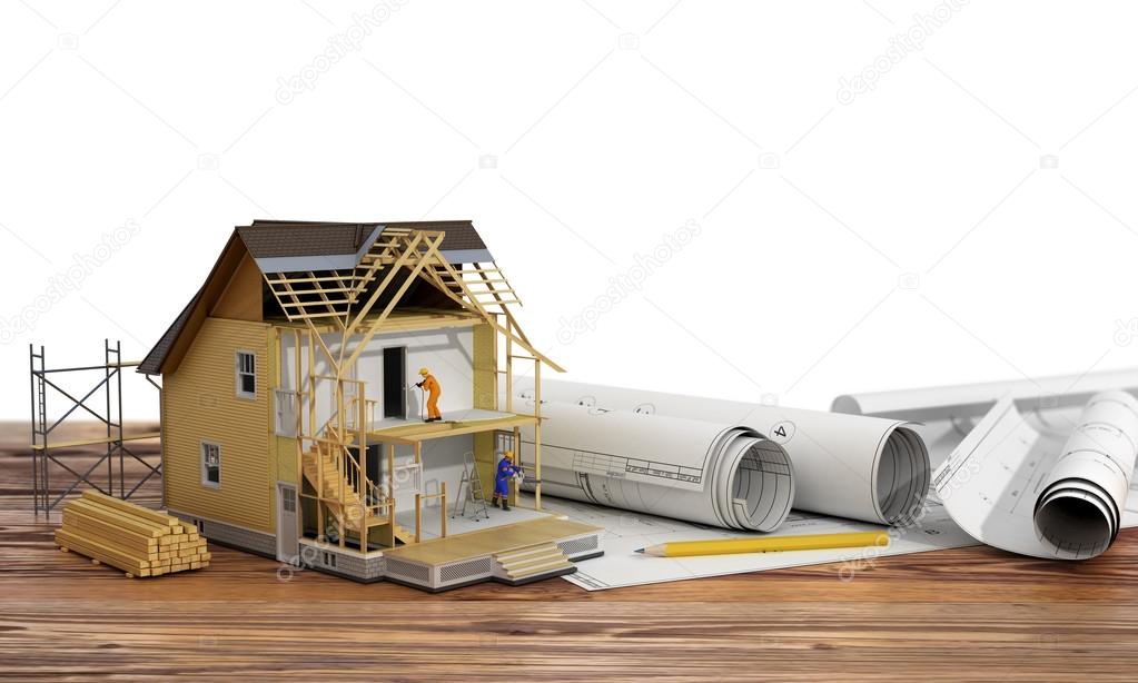 Concept of construction. 3d render of house in building process 