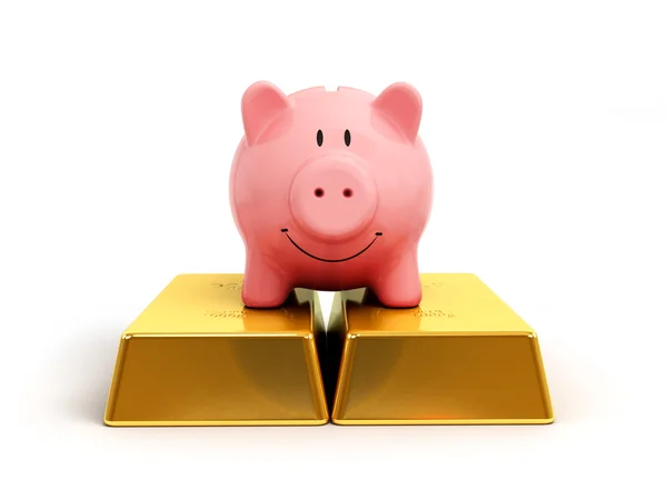 Свинка стоит на золотых слитках — стоковое фото