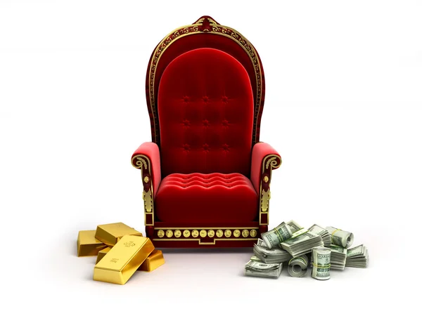 Dinero y oro yacen junto a un trono vacío —  Fotos de Stock