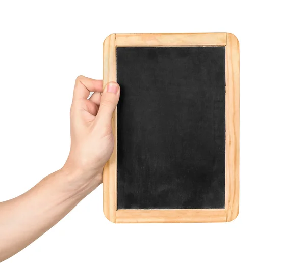 Close-up van een hand met een menu Board op een afgelegen witte achterzijde — Stockfoto