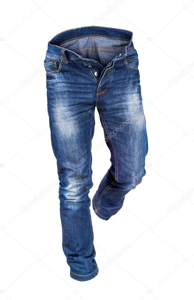 blue men's jeans in motion isolated on white background