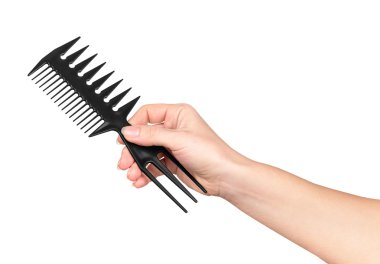 Kuaför izole beyaz backgr Tarih için bir tarak el tutar