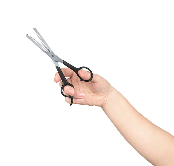 The hand holds the scissors for thinning out on an isolated whit — Stock Photo, Image