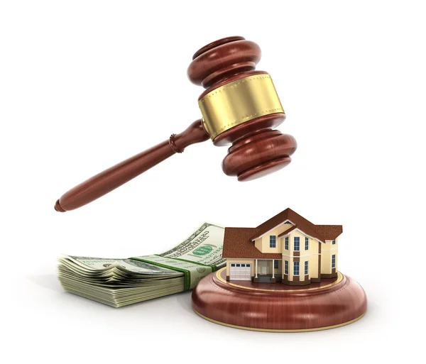 House auction concept. 3d illustration of wooden gavel with hous — Stock Photo, Image