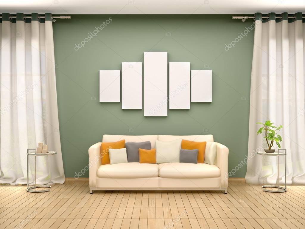 3d illustration of blank canvas above the sofa in the interior